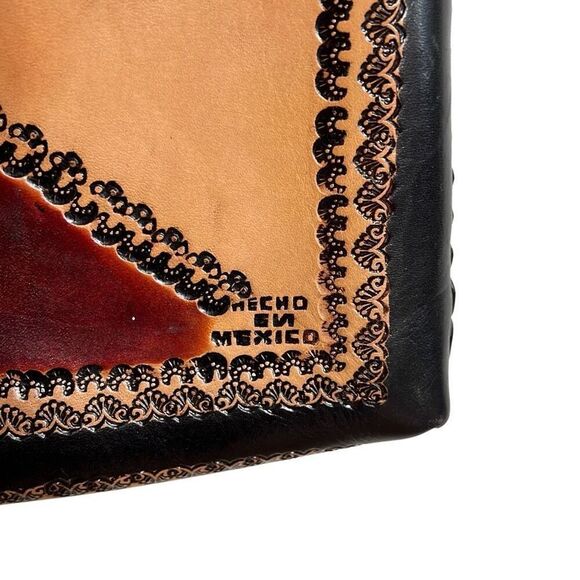 Leather Embossed Floral Western Style Handmade Mexico Crossbody Bag Black Tan - Picture 8 of 10